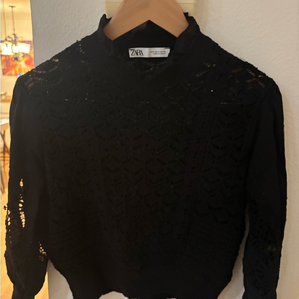 Zara Black Lace Knit Long-Sleeve Top